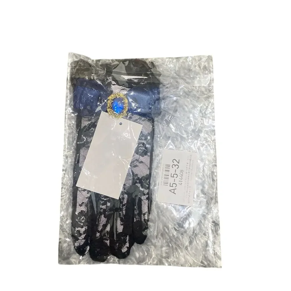 Lace Gloves with Dark Blue Bow and Gem in Black, Size OS